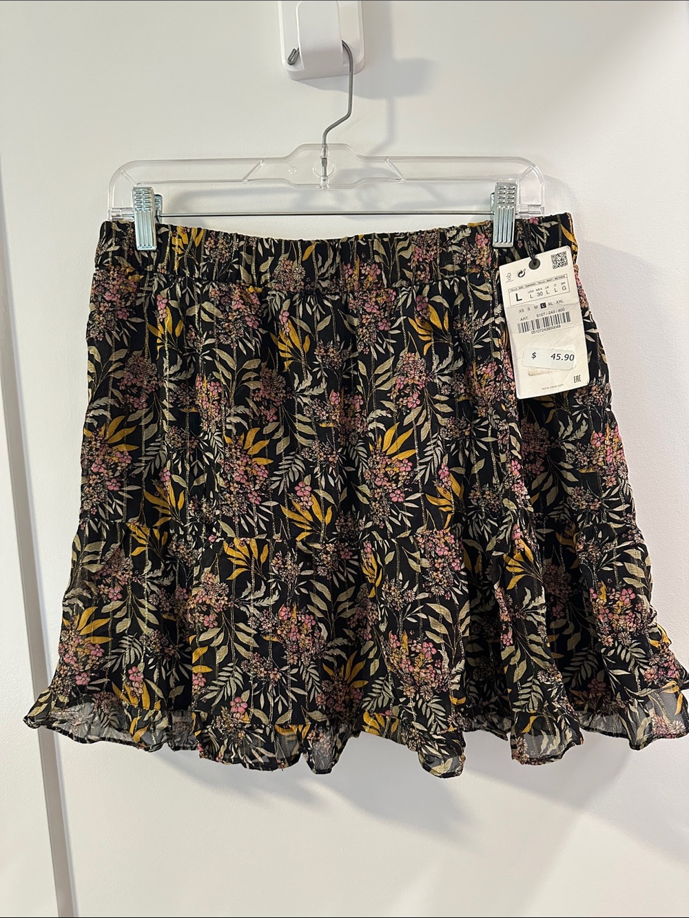Zara Black Floral Ruffle Mini Skirt with Pink & Mustard Accents